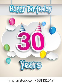 30th birthday Celebration Design, with clouds and balloons. Design greeting card and invitation for the celebration party of thirty years anniversary