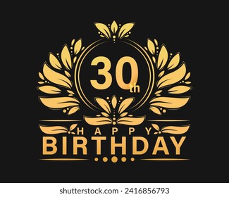 30th Birthday Golden color Design. Luxurious greeting Birthday celebration background .