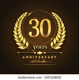 30th gold anniversary celebration logo with golden color and laurel wreath vector design.