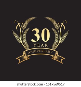 30th golden anniversary logo with ring and ribbon, laurel wreath vector design isolated on black background