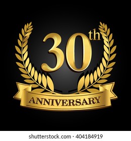 30th golden anniversary logo with ring and ribbon, laurel wreath vector design isolated on black background