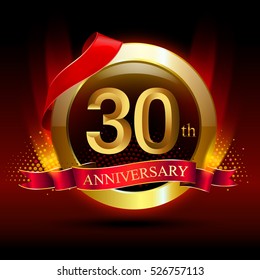 30th golden anniversary logo with ring and red ribbon. Vector design template elements for your birthday celebration.