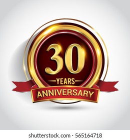 30th golden anniversary logo, thirty years birthday celebration with ring and red ribbon isolated on white background.