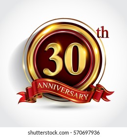 30th golden anniversary logo, thirty years birthday celebration with ring and red ribbon isolated on white background