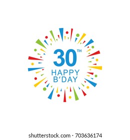 30th Happy Birthday logo, circle shape, colorful sunburst, red blue green yellow color