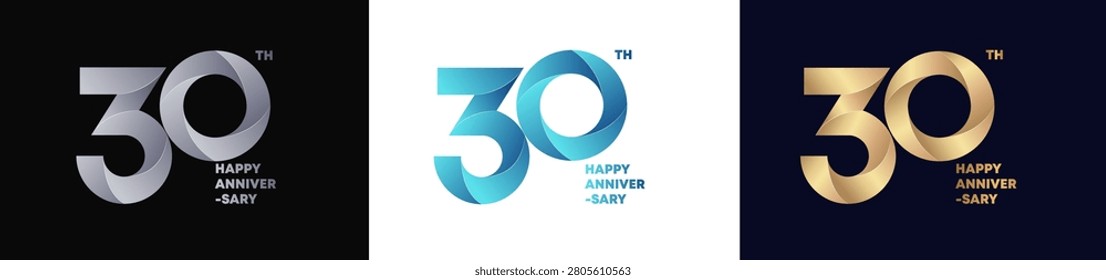 30th Logo Anniversary with abstract twist consept, Happy Anniversary with Colorful Gradient, Luxury Gold and Elegant Silver. Editable vector