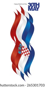 Cartaz e cartão de saudação do Dia do Estado da Croácia, 30 de maio. Mensagem em negrito com letras em 30 de maio. Bandeira abstrata croata isolada sobre fundo branco