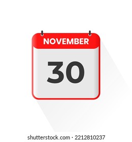 30th November calendar icon. November 30 calendar Date Month icon vector illustrator