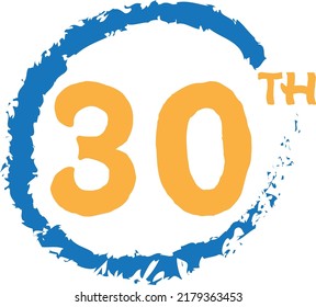 30th ordinal number counting yellow blue vector art illustration with amazing font