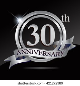 30th silver anniversary logo with ring and ribbon. Vector design template elements for your birthday celebration.