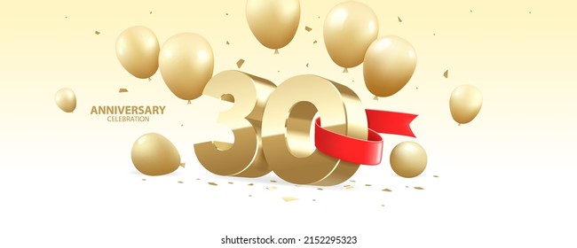30th Year anniversary celebration background. 3D Golden number wrapped with red ribbon with  confetti and golden balloons.