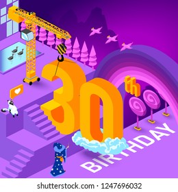 30th year Anniversary Celebration concept with characters. Flat isometric vector illustration