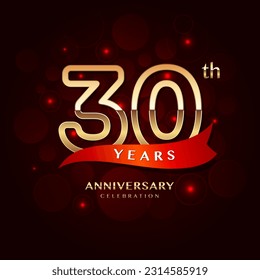 30th year anniversary celebration logo design with a golden number and red ribbon, vector template