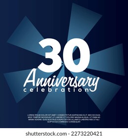 30th year anniversary celebration vector template design illustration with white text elegant blue shiny background.	