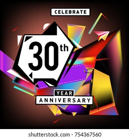 30th years anniversary card with colorful background. Thirty years birthday logo on geometric colorful background.