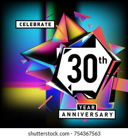30th years anniversary card with colorful background. Thirty years birthday logo on geometric colorful background.