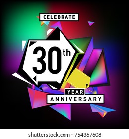 30th years anniversary card with colorful background. Thirty years birthday logo on geometric colorful background.