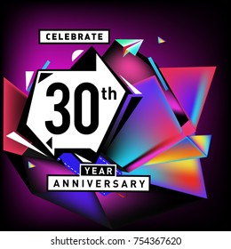 30th years anniversary card with colorful background. Thirty years birthday logo on geometric colorful background.