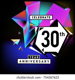 30th years anniversary card with colorful background. Thirty years birthday logo on geometric colorful background.