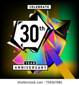 30th years anniversary card with colorful background. Thirty years birthday logo on geometric colorful background.