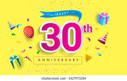 30th Years Anniversary Celebration Design, with gift box and balloons, ribbon, Colorful Vector template elements for your birthday celebrating party.