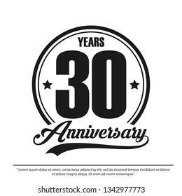 30th years anniversary celebration emblem logo label, black and white stamp isolated, vector illustration template design for celebration greeting card and invitation card