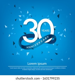 30th years anniversary celebration emblem. white anniversary logo isolated with blue circle ribbon. vector illustration template design for web, poster, flyers, greeting card and invitation card
