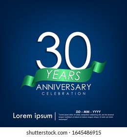 30th years anniversary celebration emblem. anniversary elegance white logo with green ribbon on blue background, vector illustration template design for web, flyers, greeting and invitation card