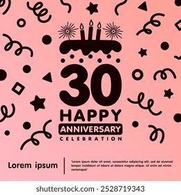 30th years anniversary celebration emblem. Happy anniversary logo isolated birthday cake and candle with confetti line doodle. vector illustration template design for web, flyers, poster, greeting
