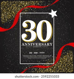 30th years anniversary celebration emblem. elegant anniversary logo isolated with red ribbon and stars twinkle sparkle. vector illustration template design for web, flyers, poster, invitation card