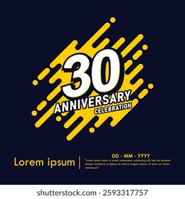 30th years anniversary celebration emblem. anniversary logo isolated with diagonal rounded lines geometric shape on dark blue background. vector illustration template design 