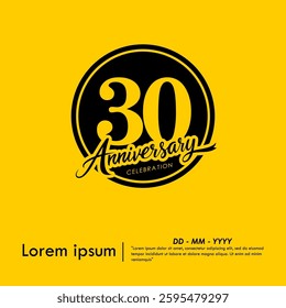 30th years anniversary celebration emblem. black anniversary logo isolated with handwriting and ribbon on yellow background. vector illustration template design for web, flyers, poster, greeting card