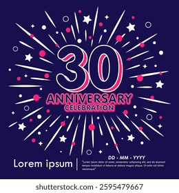 30th years anniversary celebration emblem. anniversary logo isolated with fireworks and stars sparkle glittering background. vector illustration template design for web, flyers, poster, greeting card