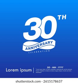 30th years anniversary celebration emblem. white anniversary logo isolated with infinity circle ribbon on blue background. vector illustration template design for web, flyers, poster, greeting card