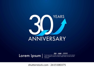 30th years anniversary celebration emblem. anniversary logo isolated with arrow growth up and blue ribbon on dark blue background. vector illustration template design