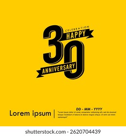 30th years anniversary celebration emblem. black logo isolated with ribbons on yellow background. vector illustration template design for web, flyers, poster, greeting card and invitation card
