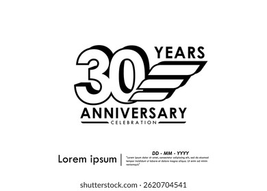 30th years anniversary celebration emblem. black anniversary logo isolated with ribbons on white background. vector illustration template design for web, flyers, poster, invitation and greeting card