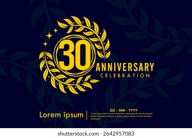 30th years anniversary celebration emblem. congratulations anniversary yellow logo with laurel wreath and stars on dark background. vector illustration template design for web banner
