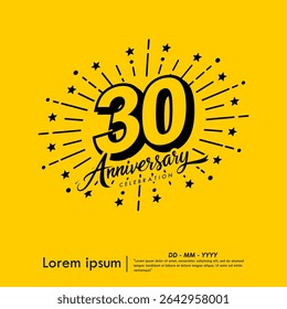 30th years anniversary celebration emblem. congratulations anniversary logo isolated with ribbon and starburst on yellow background. vector illustration template design for web banner