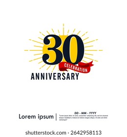30th years anniversary celebration emblem. congratulations anniversary logo isolated with red ribbon and starburst on white background. vector illustration template design for web banner