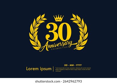 30th years anniversary celebration emblem. yellow anniversary logo isolated with laurel wreath and crown on dark background. vector illustration template design for web, flyers, poster, greeting card