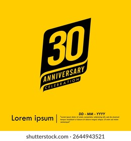 30th years anniversary celebration emblem. congratulations anniversary black logo isolated with ribbons on yellow background. vector illustration template design for web banner.