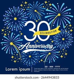30th years anniversary celebration emblem. congratulations anniversary logo isolated with yellow ribbon and fireworks sparkle on blue background. vector illustration template design for web banner