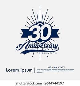 30th years anniversary celebration emblem. congratulations anniversary calligraphy isolated with laurel sunburst and ribbon on white background.  vector illustration template design for web banner