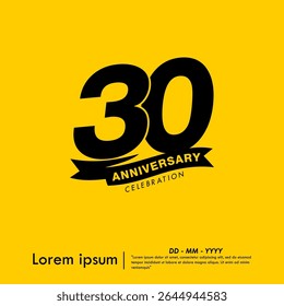 30th years anniversary celebration emblem. congratulations anniversary logo isolated with ribbon on yellow background. vector illustration template design for web, flyers, poster, greeting card