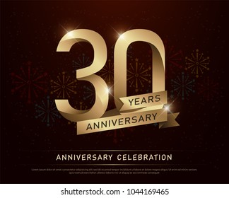 30th years anniversary celebration gold number and golden ribbons with fireworks on dark background. vector illustration