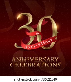 30th years anniversary celebration golden logo with red ribbon on red background. vector illustrator.