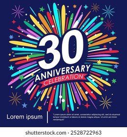 logotipo de celebração do aniversário de 30 anos isolado com fita, estrelas e fogos de artifício cintilação. design de modelo de ilustração vetorial para web, folhetos, cartaz, cartão de convite ou cartão de saudação