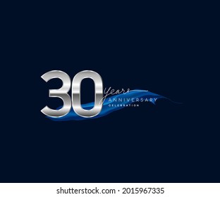 30th Years Anniversary celebration logotype silver colored with blue ribbon and isolated on dark blue background