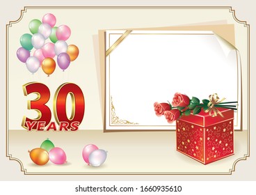Celebración del 30 aniversario, diseño vectorial con caja de regalo, ramo de rosas y globos, papel de hoja para mensaje, tarjeta de cumpleaños